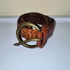 Eddie Bauer Brown Woven Leather Belt with Brass-Tone Round Buckle